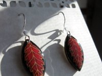 Little Red & Black Leaf Eggshell Earrings Pysanky By So Jeo : pysanky pysanka ukrainian easter egg batik art eggshell jewelry pendants earrings drop dangle etched flowers gift women accessories accessory pendant necklace bail crystal finding sterling silver filled sojeo flowers celtic purple white red pink brown green purple orange cream burgundy magenta teal turqoise crows crow blue black so jeo art handmade